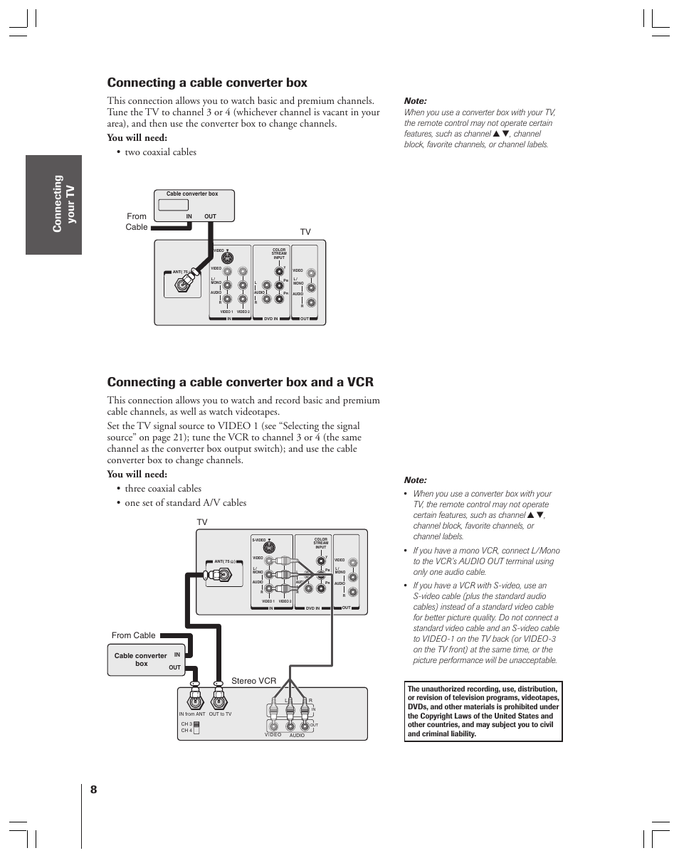 Connecting a cable converter box and a vcr, Connecting a cable converter box | Toshiba 32AF44/35AF44 User Manual | Page 8 / 48