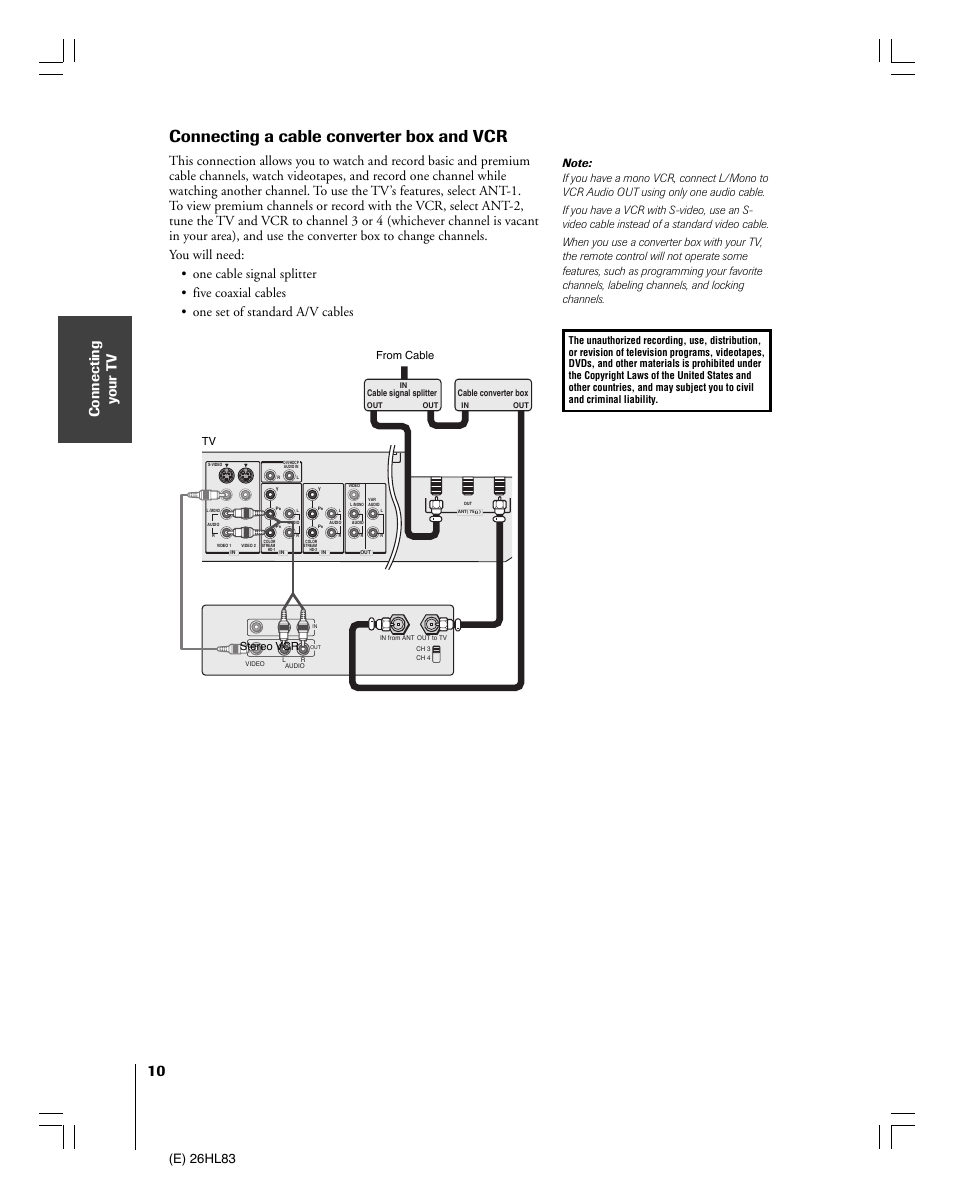 Connecting a cable converter box and vcr, Connecting y our t v, E) 26hl83 | Toshiba 26HL83 User Manual | Page 10 / 66