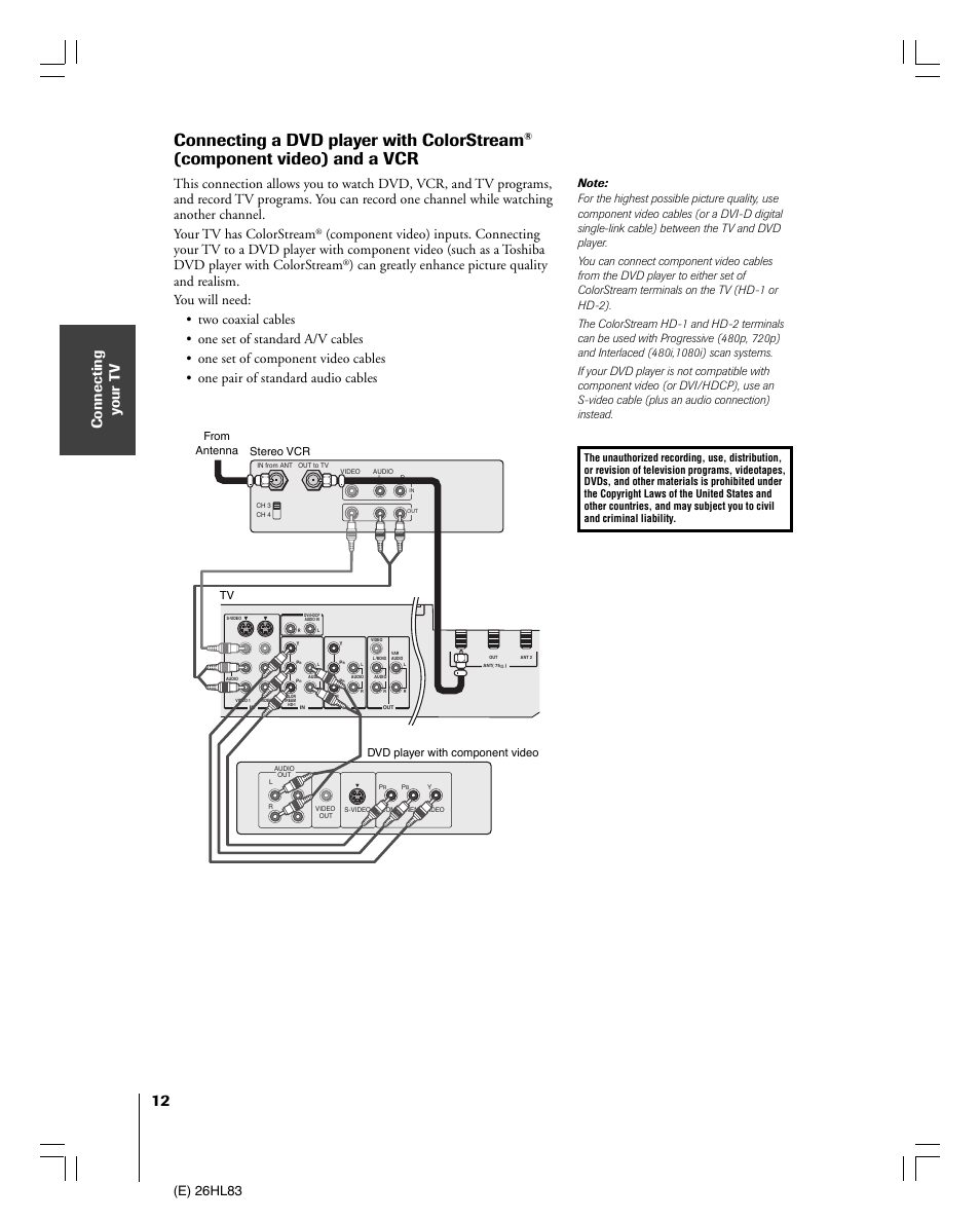 Connecting a dvd player with colorstream, Component video) and a vcr, Connecting y our t v | E) 26hl83 | Toshiba 26HL83 User Manual | Page 12 / 66