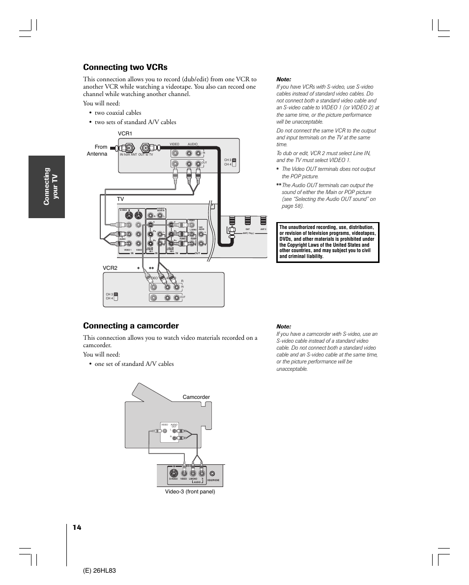 Connecting two vcrs, Connecting a camcorder, Connecting y our t v | E) 26hl83, Vcr2, Vcr1 from antenna tv | Toshiba 26HL83 User Manual | Page 14 / 66