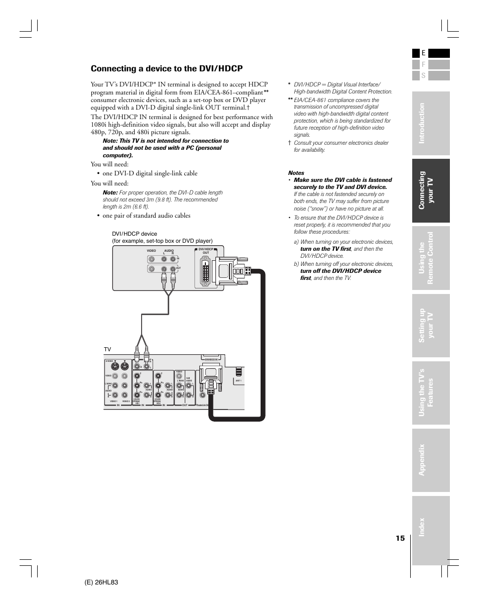 Connecting a device to the dvi/hdcp, E) 26hl83, One pair of standard audio cables | Toshiba 26HL83 User Manual | Page 15 / 66