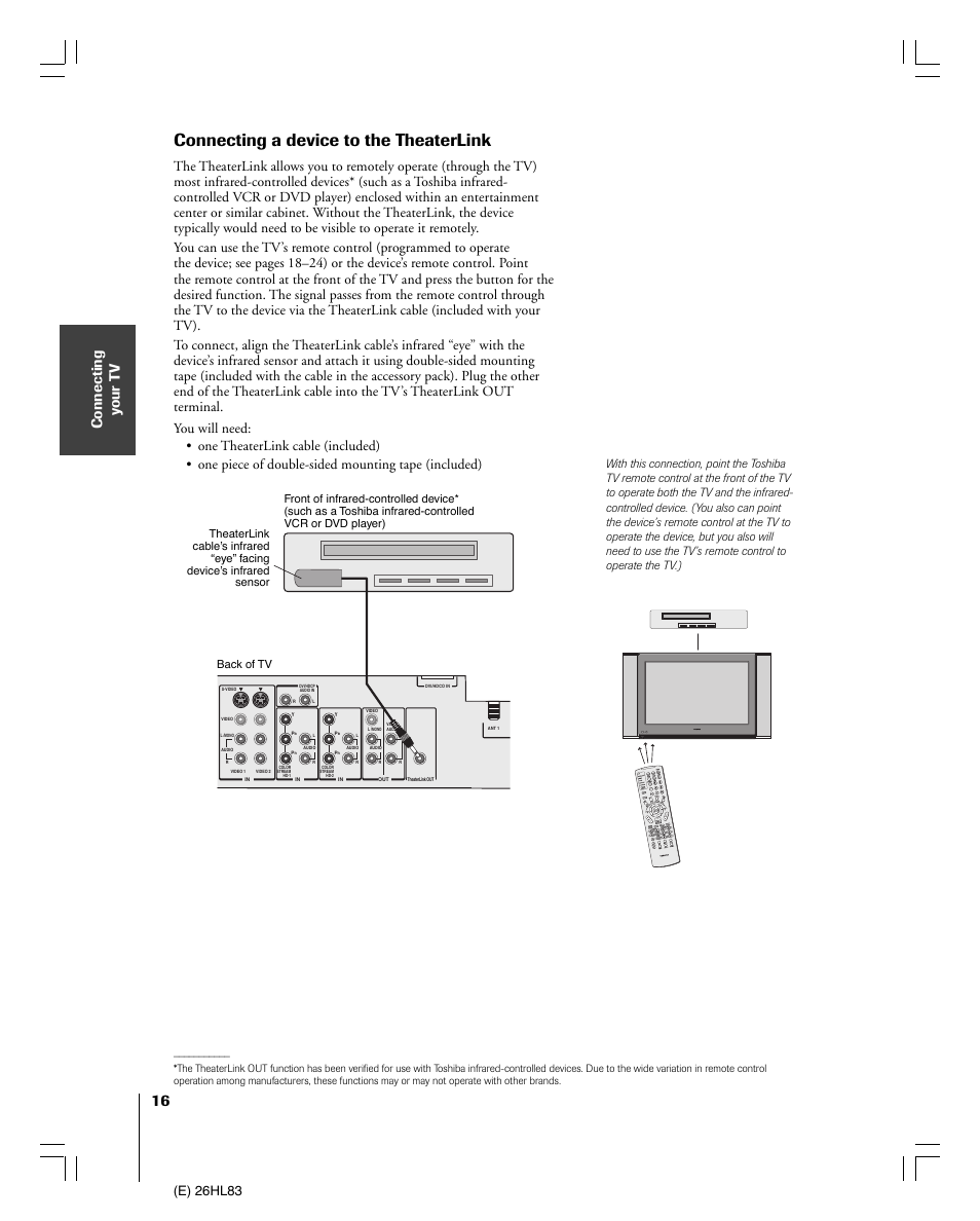 Connecting a device to the theaterlink, Connecting y our t v, Pomer | E) 26hl83 | Toshiba 26HL83 User Manual | Page 16 / 66