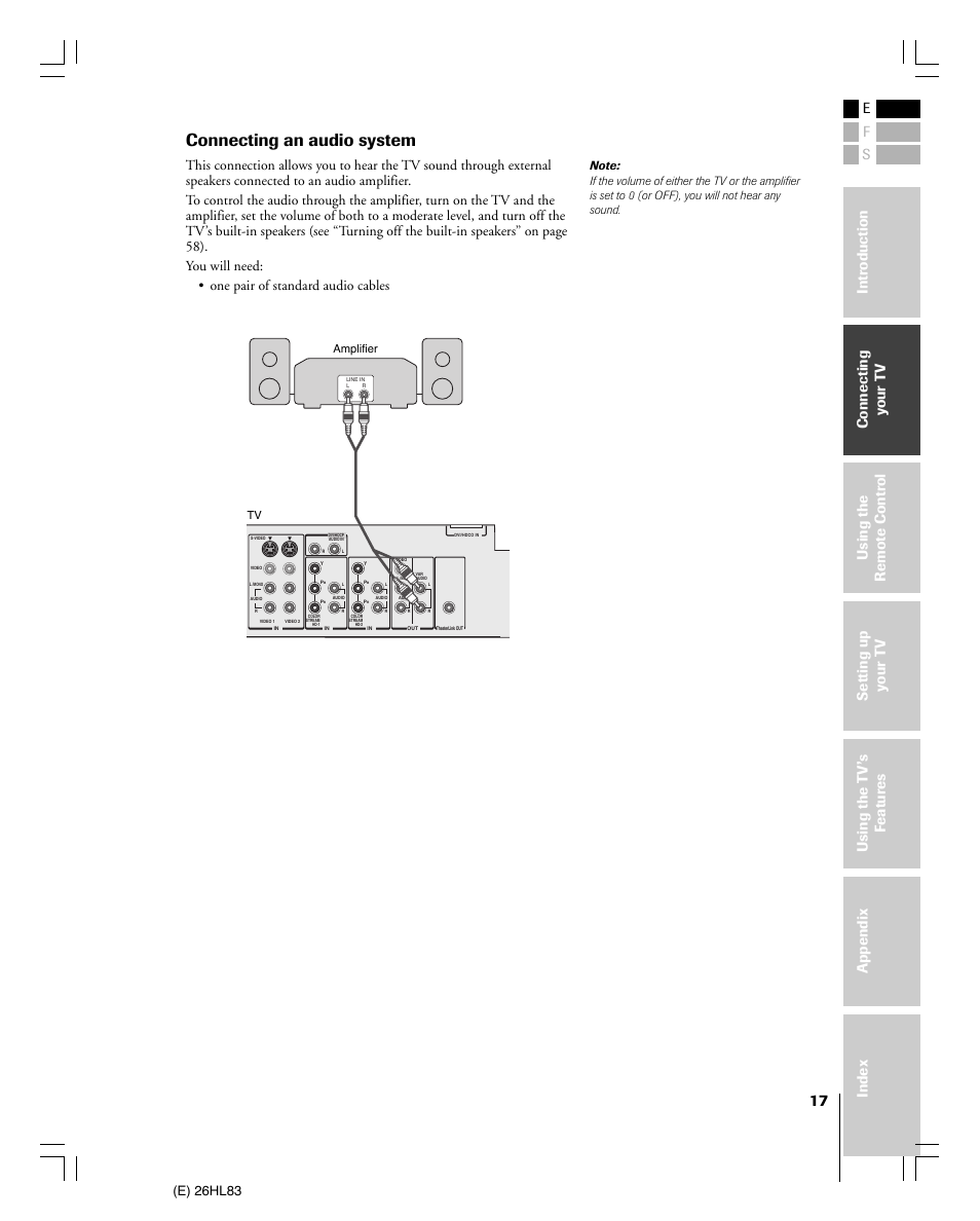 Connecting an audio system, E) 26hl83 | Toshiba 26HL83 User Manual | Page 17 / 66