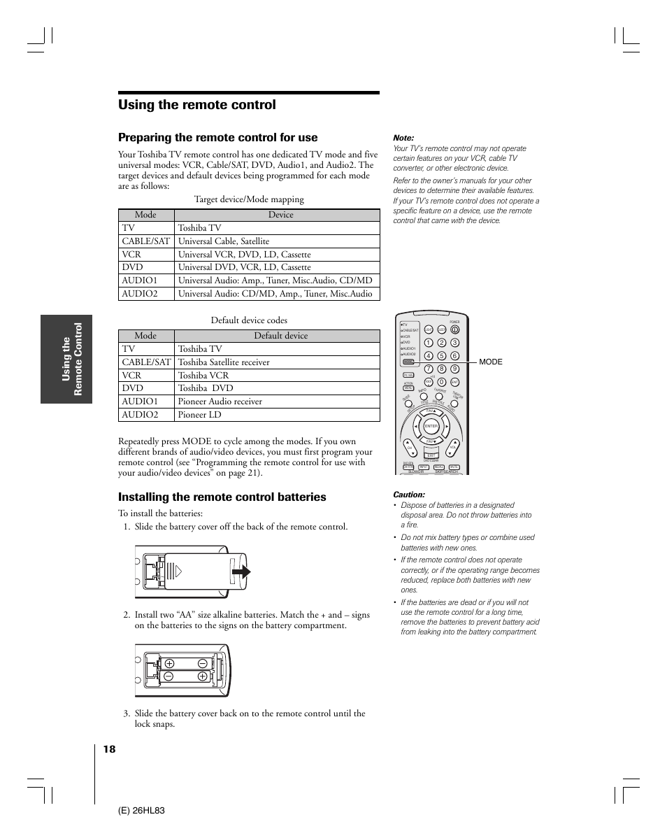 Using the remote control, Preparing the remote control for use, Installing the remote control batteries | Using the remote contr ol, E) 26hl83 | Toshiba 26HL83 User Manual | Page 18 / 66