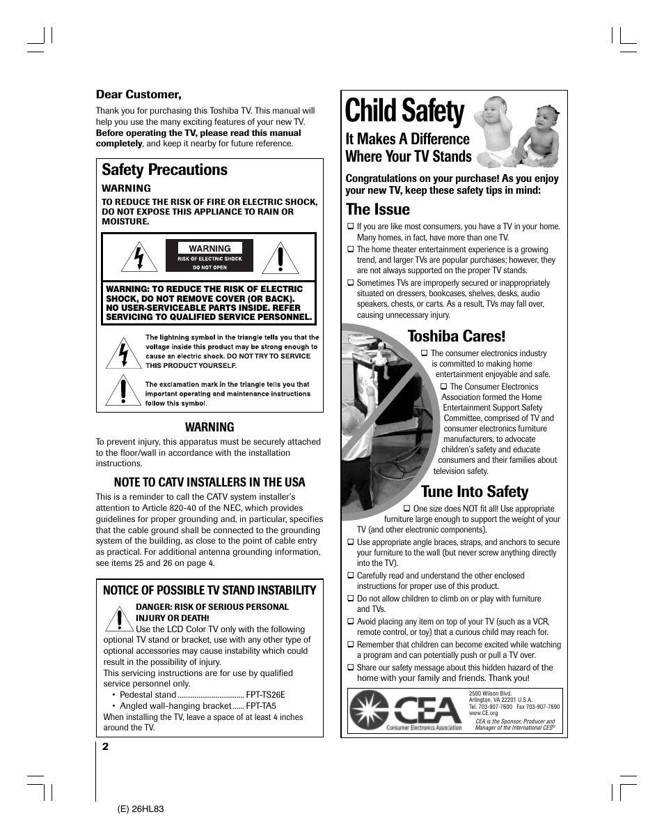 Child safety, It makes a difference where your tv stands, The issue | Toshiba cares, Tune into safety, Safety precautions | Toshiba 26HL83 User Manual | Page 2 / 66