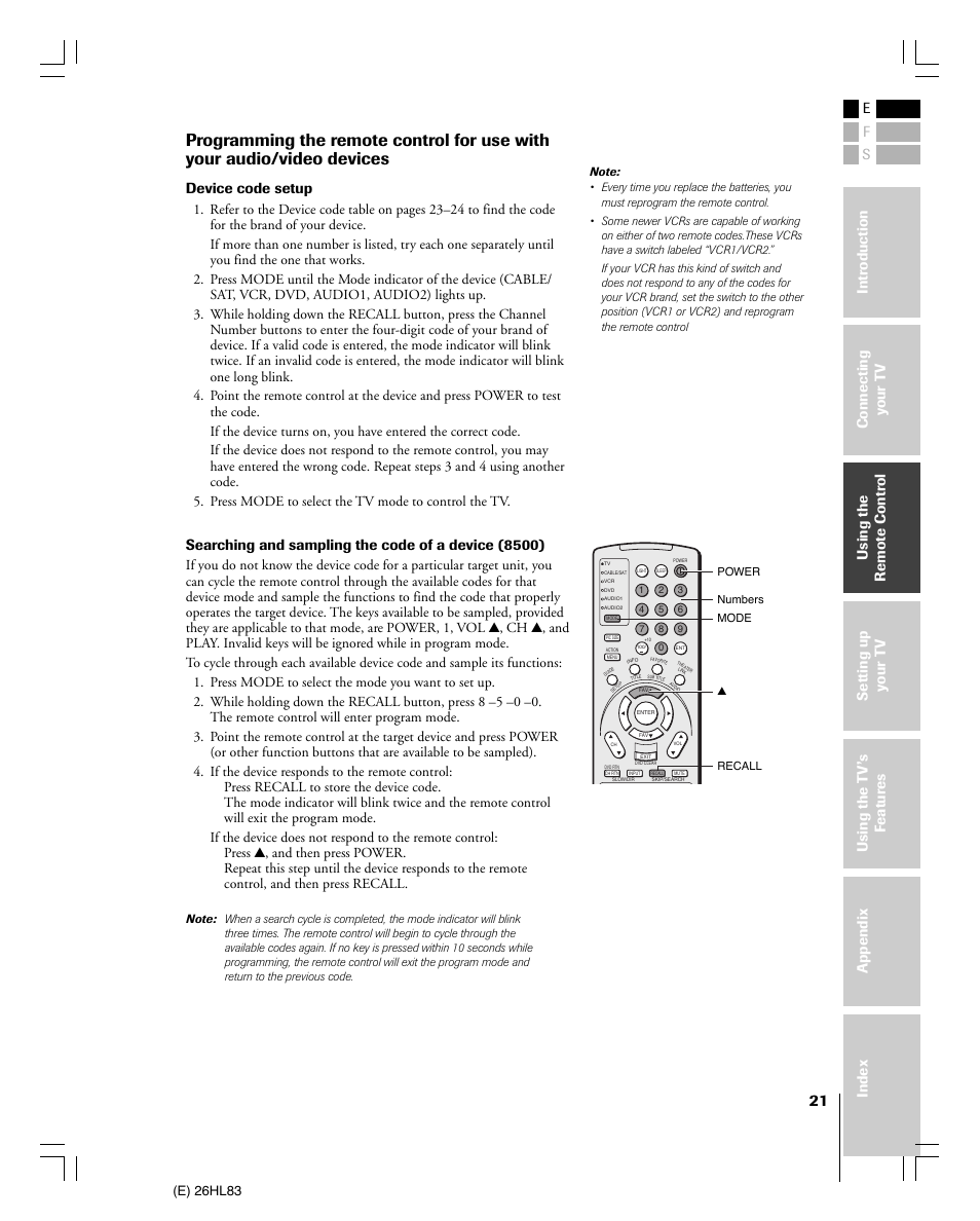 Device code setup, Searching and sampling the code of a device (8500), E) 26hl83 | Toshiba 26HL83 User Manual | Page 21 / 66