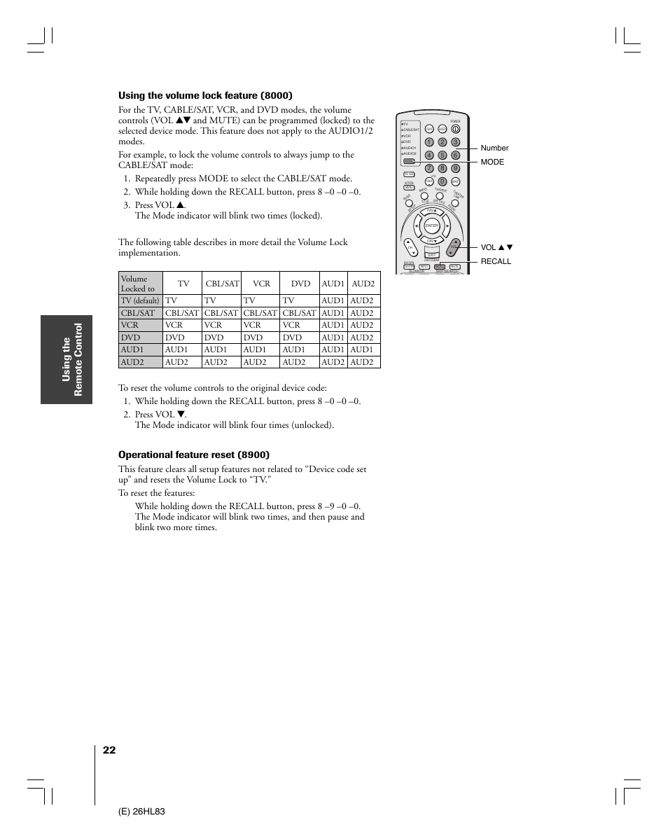 Using the remote contr ol, Using the volume lock feature (8000), Operational feature reset (8900) | E) 26hl83 | Toshiba 26HL83 User Manual | Page 22 / 66