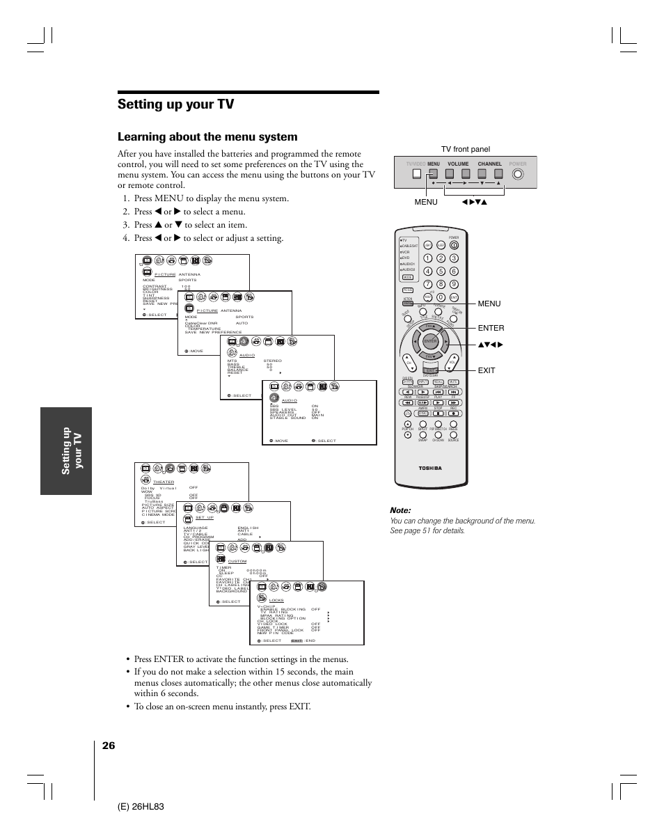 Setting up your tv, Learning about the menu system, Setting up y our t v | E) 26hl83, Tv front panel enter | Toshiba 26HL83 User Manual | Page 26 / 66