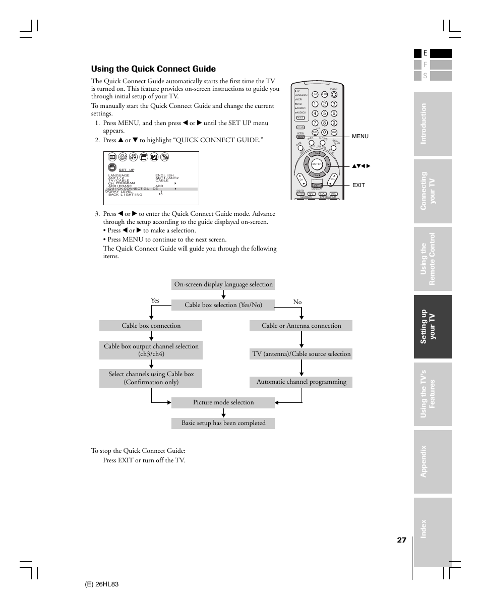 Using the quick connect guide, E) 26hl83, Yes no | Toshiba 26HL83 User Manual | Page 27 / 66