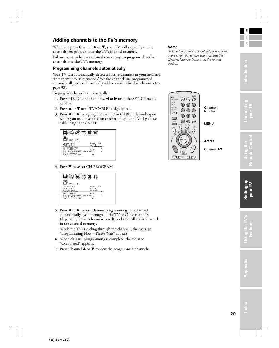 Programming channels automatically, E) 26hl83, Press z to select ch program | Toshiba 26HL83 User Manual | Page 29 / 66