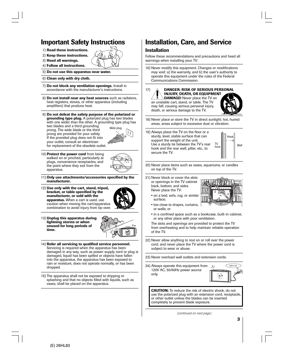 Installation, care, and service, Important safety instructions, Installation | Toshiba 26HL83 User Manual | Page 3 / 66