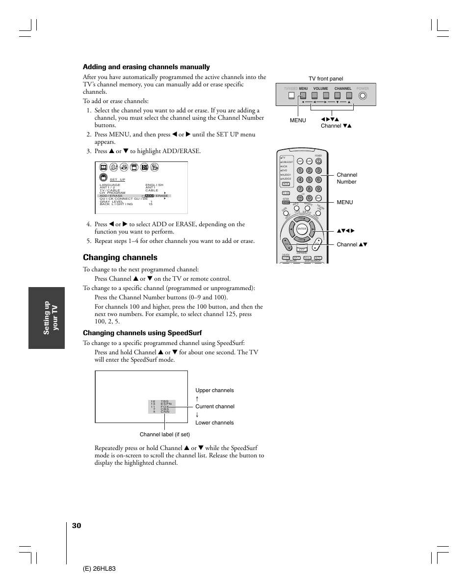 Changing channels, Changing channels using speedsurf, E) 26hl83 | Toshiba 26HL83 User Manual | Page 30 / 66