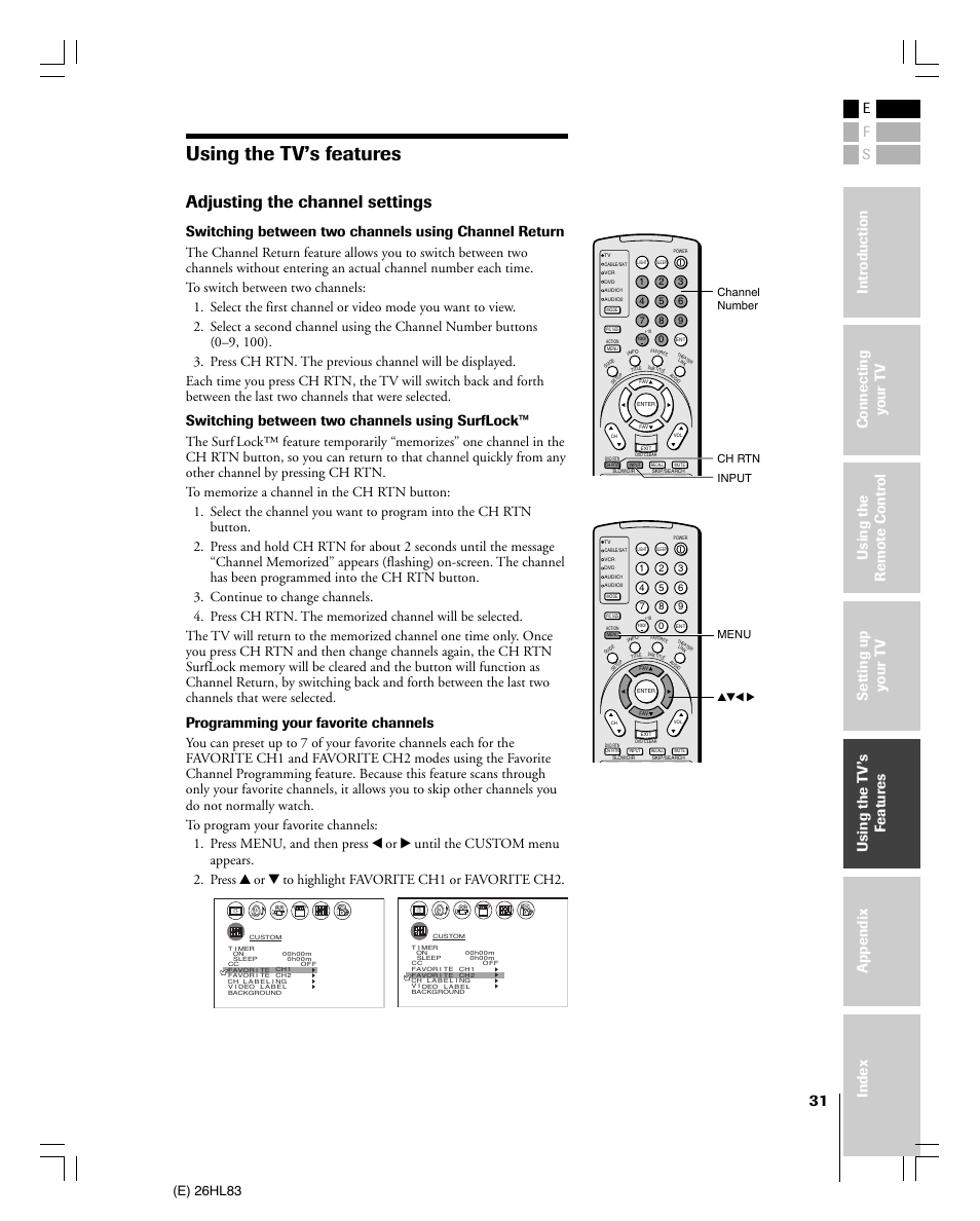 Using the tv’s features, Adjusting the channel settings, Switching between two channels using surflock | Programming your favorite channels, E) 26hl83, Channel number, Ch rtn yzx • menu, Input | Toshiba 26HL83 User Manual | Page 31 / 66