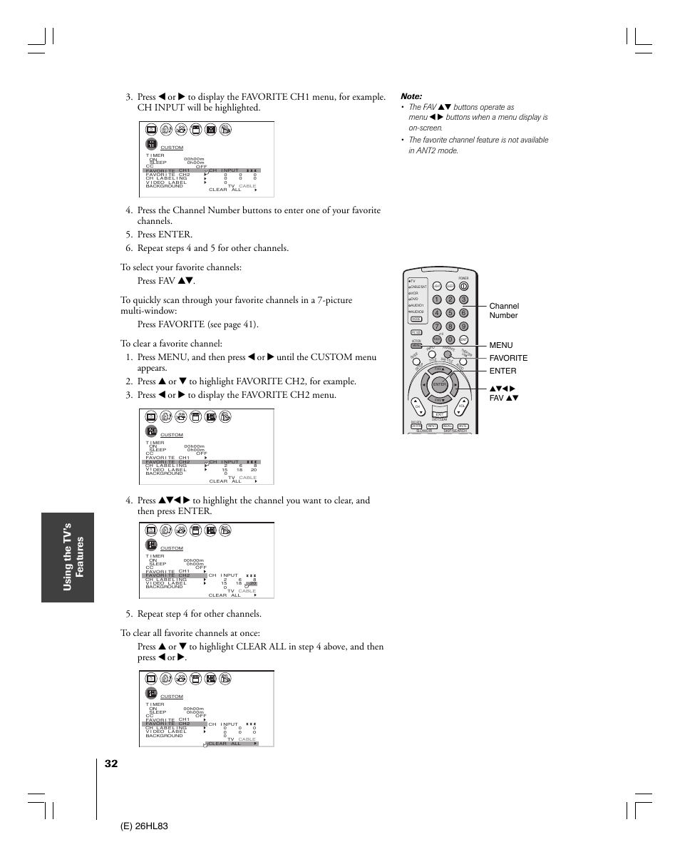 Using the t v’s f eatur es, E) 26hl83, Yzx • fav yz menu | Toshiba 26HL83 User Manual | Page 32 / 66