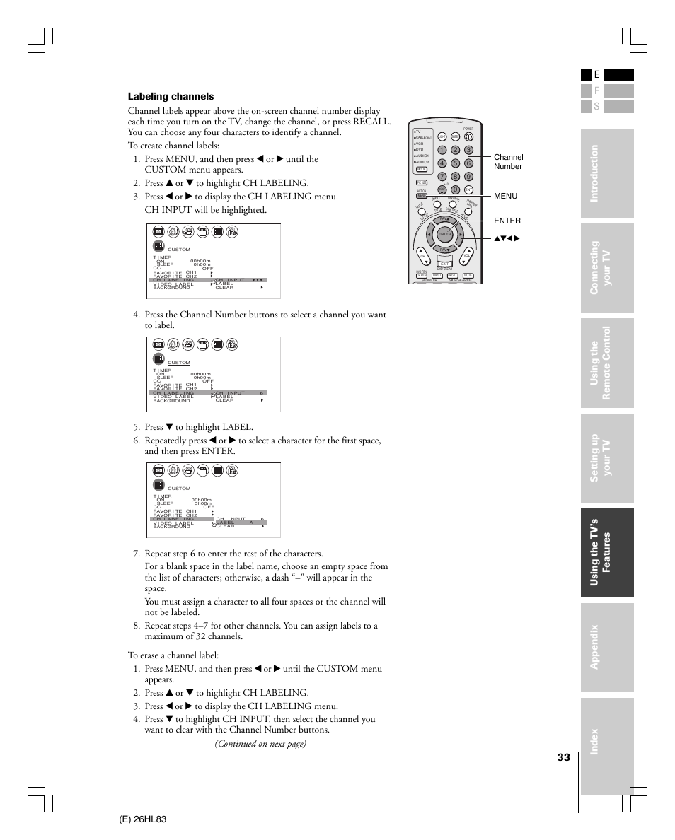 Labeling channels, E) 26hl83, Continued on next page) | Channel number menu yzx, Enter | Toshiba 26HL83 User Manual | Page 33 / 66