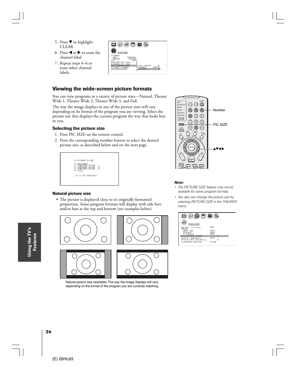 Viewing the wide-screen picture formats, Using the t v’s f eatur es, Selecting the picture size | E) 26hl83, Number pic size yzx | Toshiba 26HL83 User Manual | Page 34 / 66