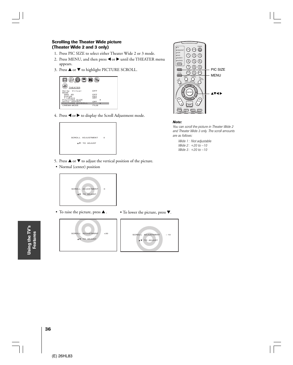 Using the t v’s f eatur es, E) 26hl83, Press x or • to display the scroll adjustment mode | Toshiba 26HL83 User Manual | Page 36 / 66