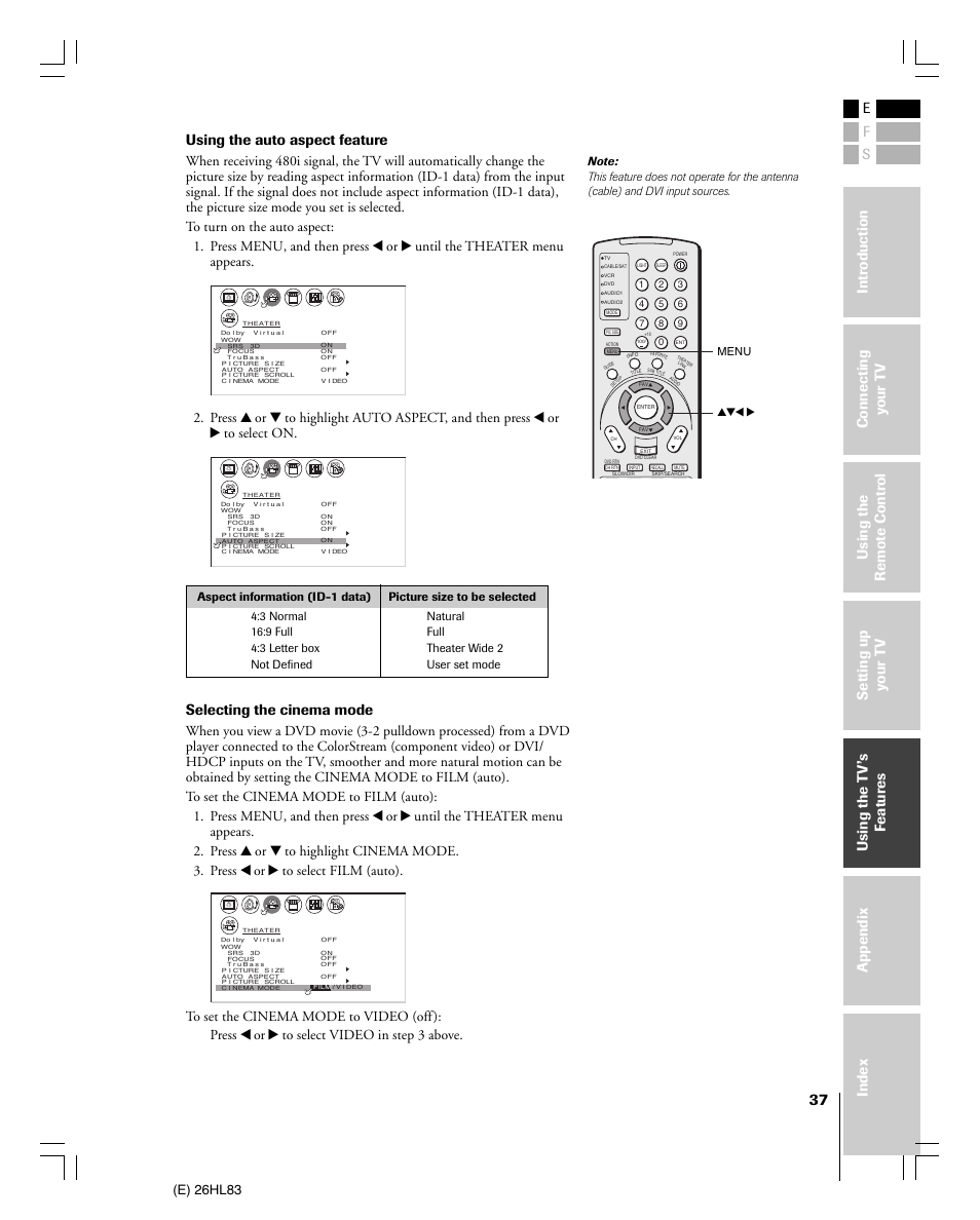 Using the auto aspect feature, Selecting the cinema mode, E) 26hl83 | Toshiba 26HL83 User Manual | Page 37 / 66