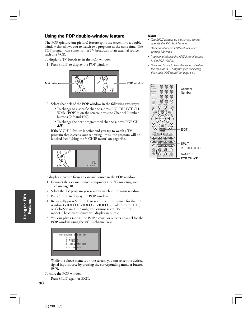 Using the pop double-window feature, Using the t v’s f eatur es, E) 26hl83 | Main window pop window | Toshiba 26HL83 User Manual | Page 38 / 66