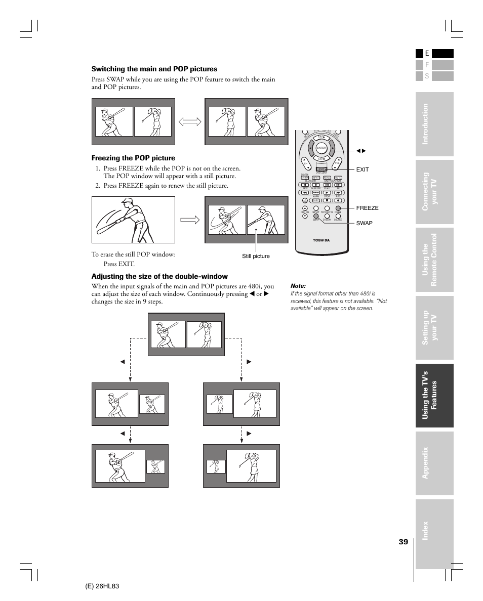 Switching the main and pop pictures, Freezing the pop picture, Adjusting the size of the double-window | E) 26hl83 | Toshiba 26HL83 User Manual | Page 39 / 66