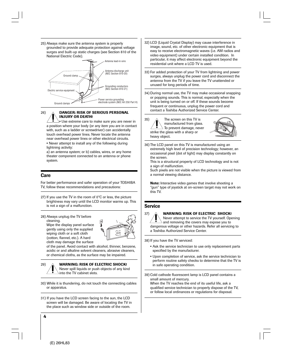 Service, Care | Toshiba 26HL83 User Manual | Page 4 / 66