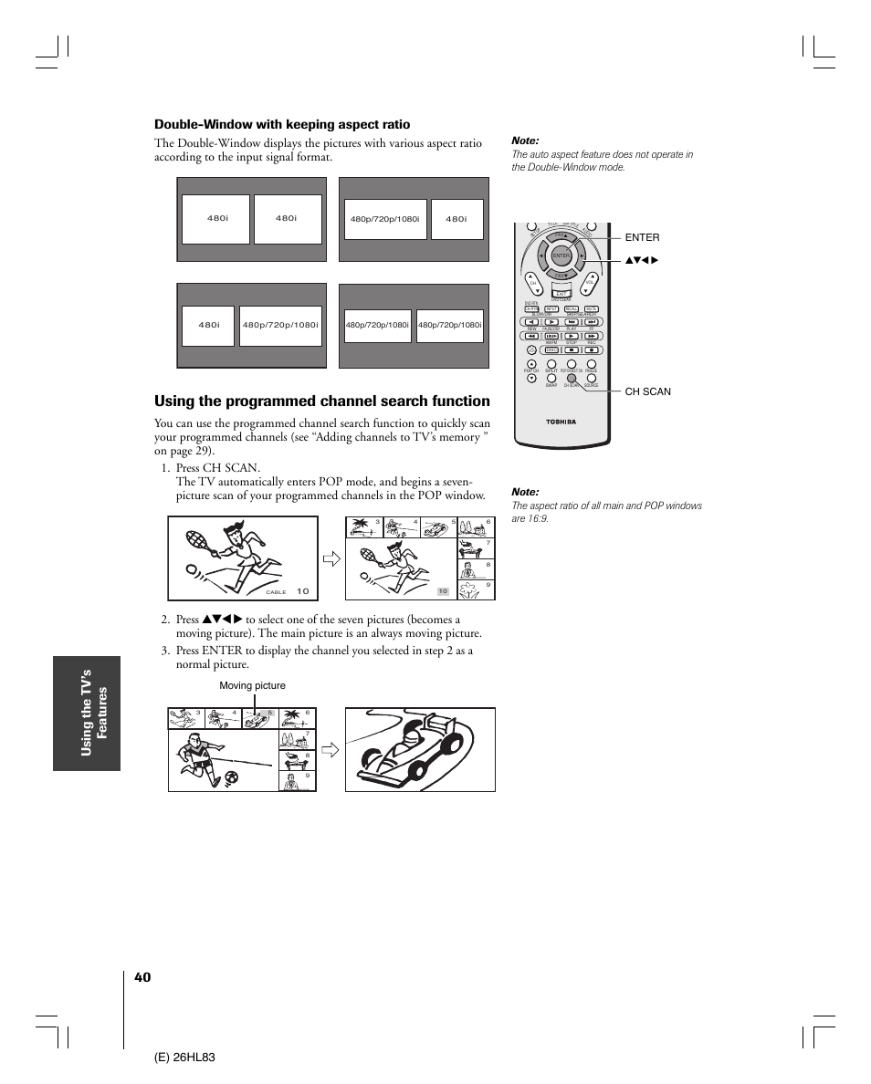 Using the programmed channel search function, E) 26hl83 | Toshiba 26HL83 User Manual | Page 40 / 66