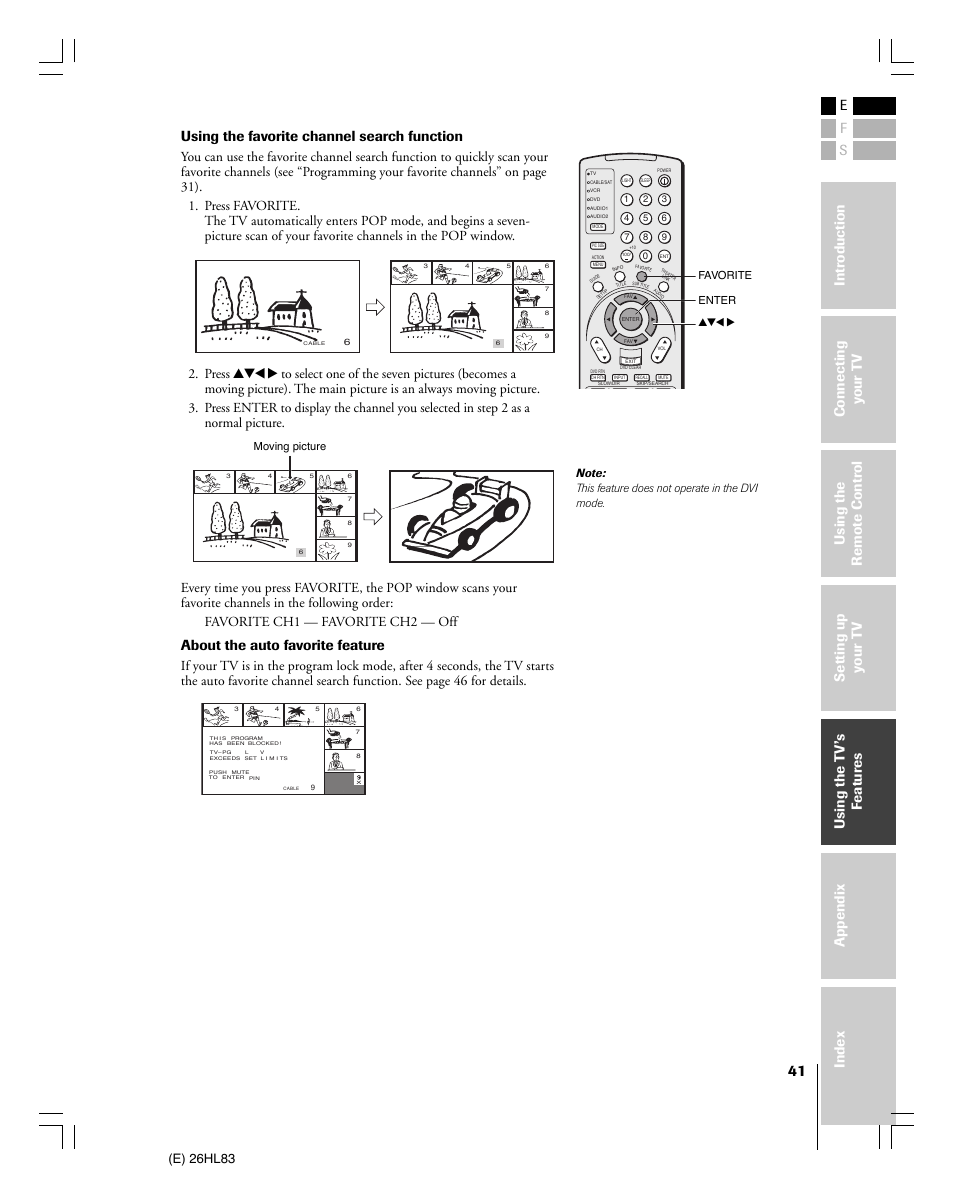 Using the favorite channel search function, About the auto favorite feature, E) 26hl83 | Toshiba 26HL83 User Manual | Page 41 / 66