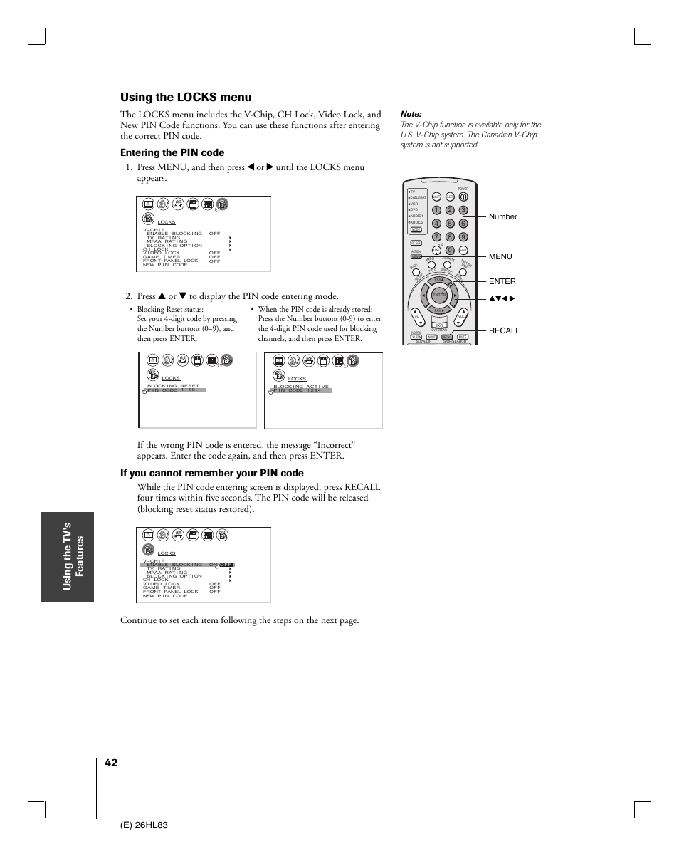 Using the locks menu, Using the t v’s f eatur es, Entering the pin code | If you cannot remember your pin code, E) 26hl83, Press y or z to display the pin code entering mode | Toshiba 26HL83 User Manual | Page 42 / 66