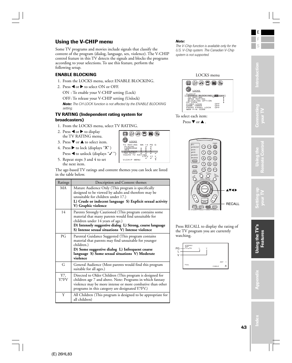 Using the v-chip menu, Enable blocking, E) 26hl83 | Locks menu | Toshiba 26HL83 User Manual | Page 43 / 66