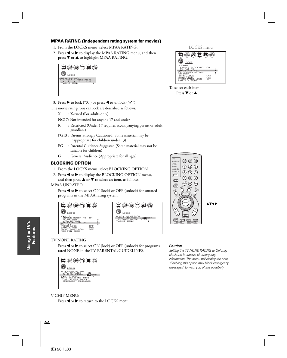 Blocking option, E) 26hl83, Locks menu | Toshiba 26HL83 User Manual | Page 44 / 66