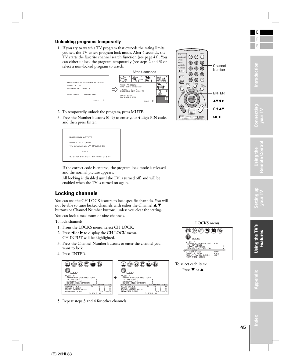 Locking channels, Unlocking programs temporarily, E) 26hl83 | Repeat steps 3 and 4 for other channels, Locks menu, Enter yzx • mute after 4 seconds channel number, Ch yz | Toshiba 26HL83 User Manual | Page 45 / 66