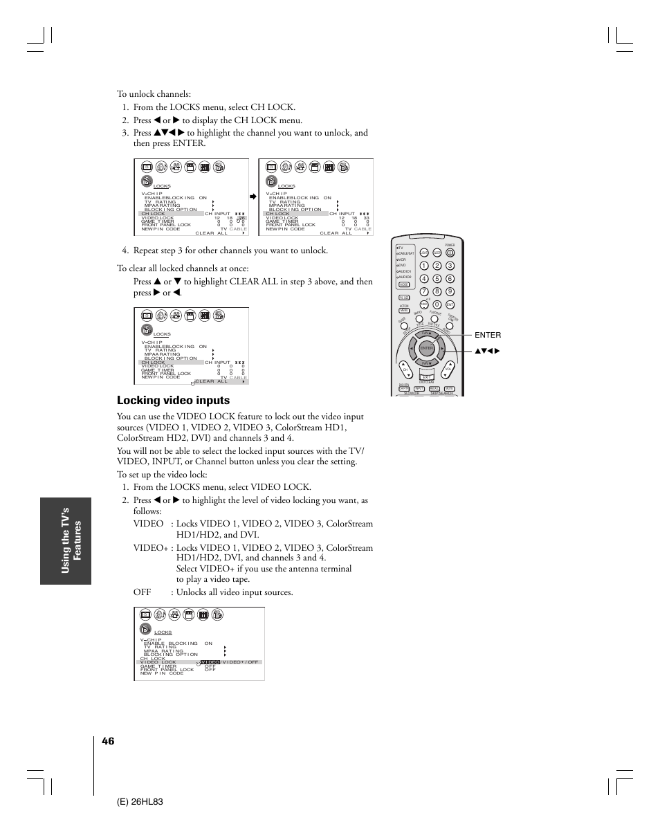 Locking video inputs, Using the t v’s f eatur es, E) 26hl83 | Enter yzx | Toshiba 26HL83 User Manual | Page 46 / 66