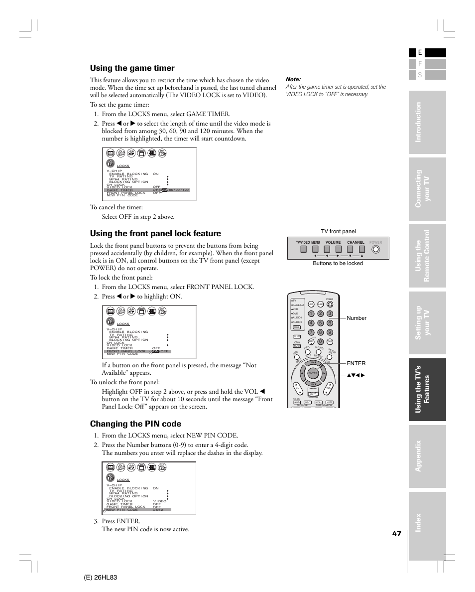 Using the game timer, Using the front panel lock feature, Changing the pin code | E) 26hl83, Press enter. the new pin code is now active, Tv front panel buttons to be locked | Toshiba 26HL83 User Manual | Page 47 / 66