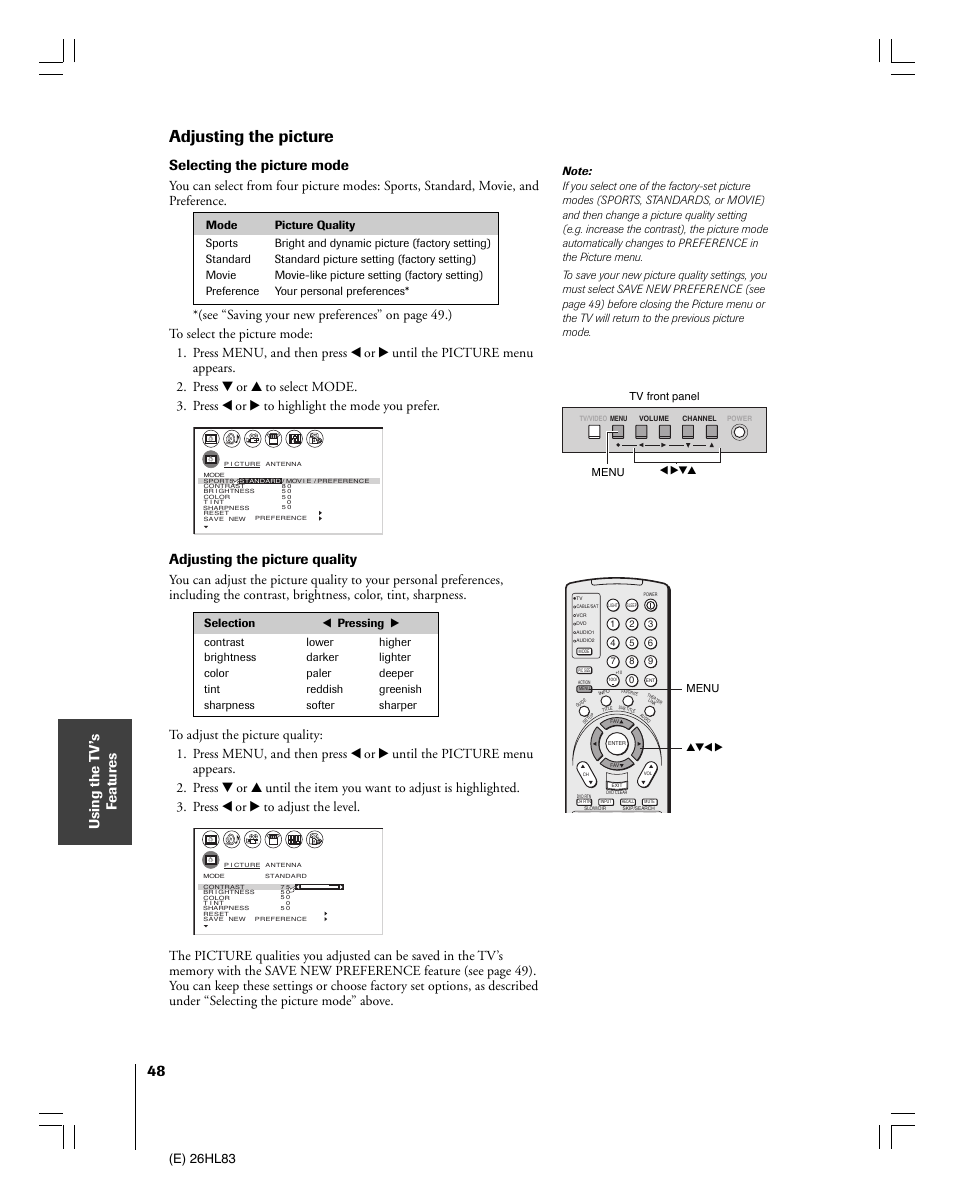 Adjusting the picture, Using the t v’s f eatur es, Selecting the picture mode | Adjusting the picture quality, E) 26hl83 | Toshiba 26HL83 User Manual | Page 48 / 66