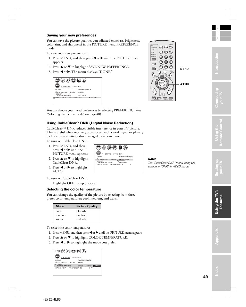 Saving your new preferences, Using cableclear™ dnr (digital noise reduction), Selecting the color temperature | E) 26hl83 | Toshiba 26HL83 User Manual | Page 49 / 66