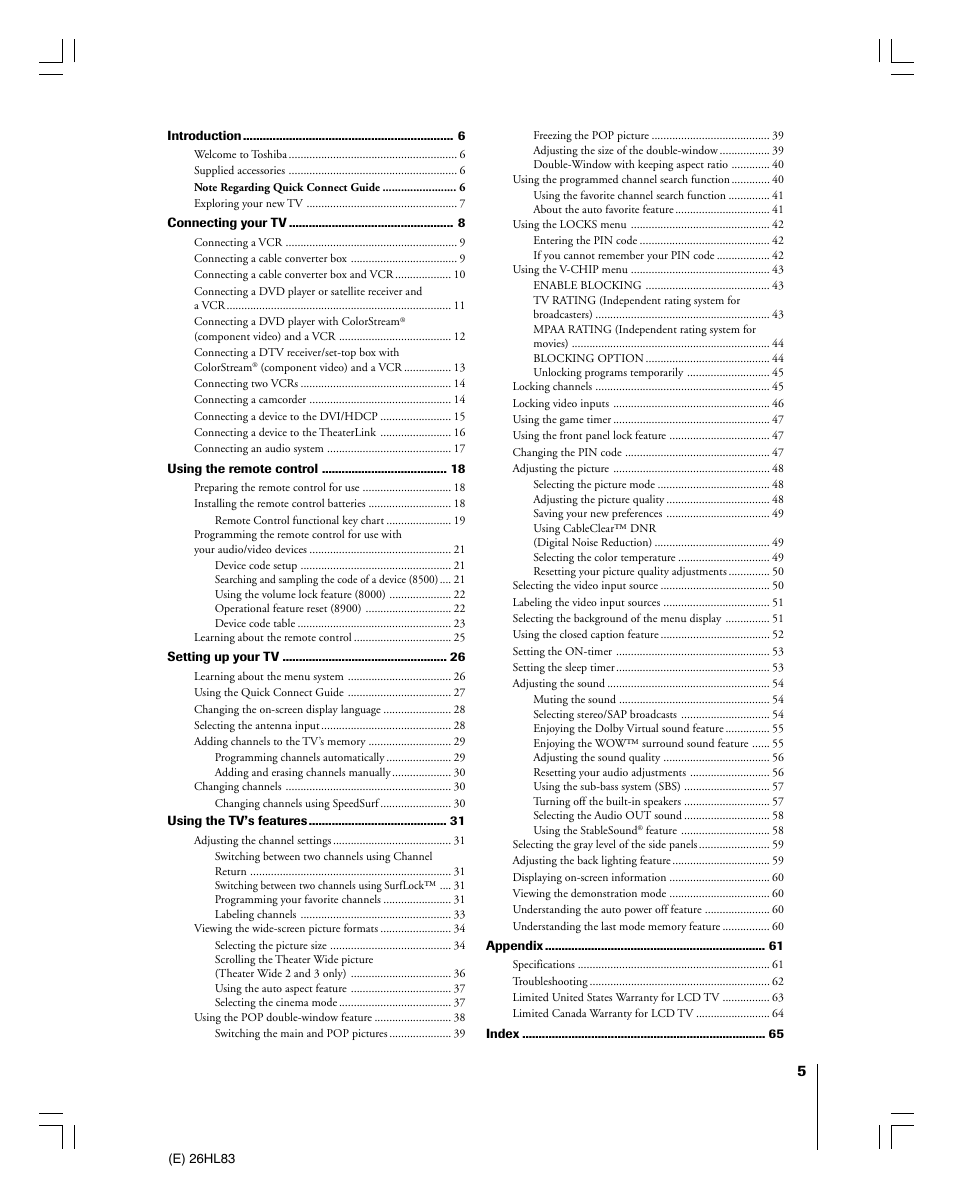 Toshiba 26HL83 User Manual | Page 5 / 66