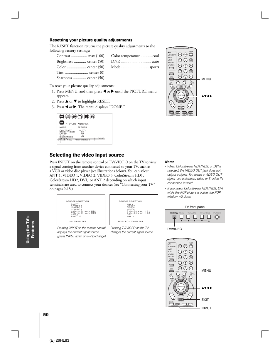 Selecting the video input source, E) 26hl83, Menu yzx | Toshiba 26HL83 User Manual | Page 50 / 66