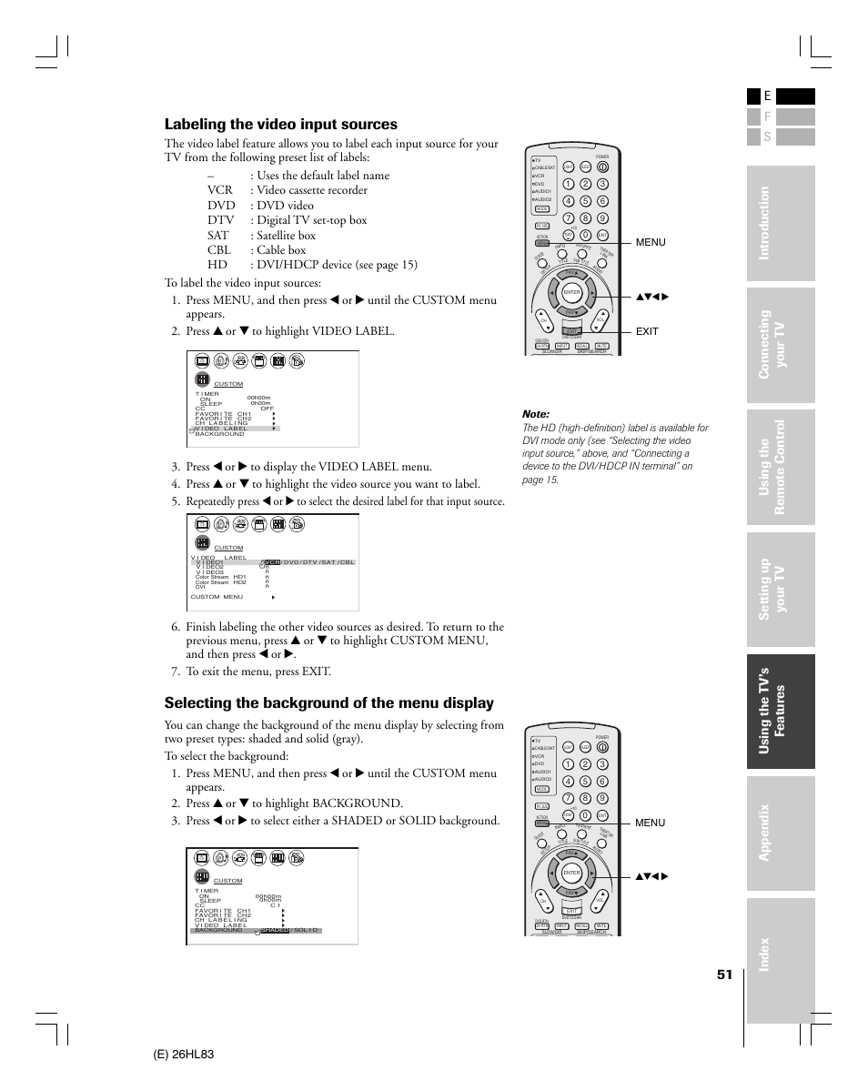 Labeling the video input sources, Selecting the background of the menu display, E) 26hl83 | Menu yzx • exit, Yzx • menu | Toshiba 26HL83 User Manual | Page 51 / 66