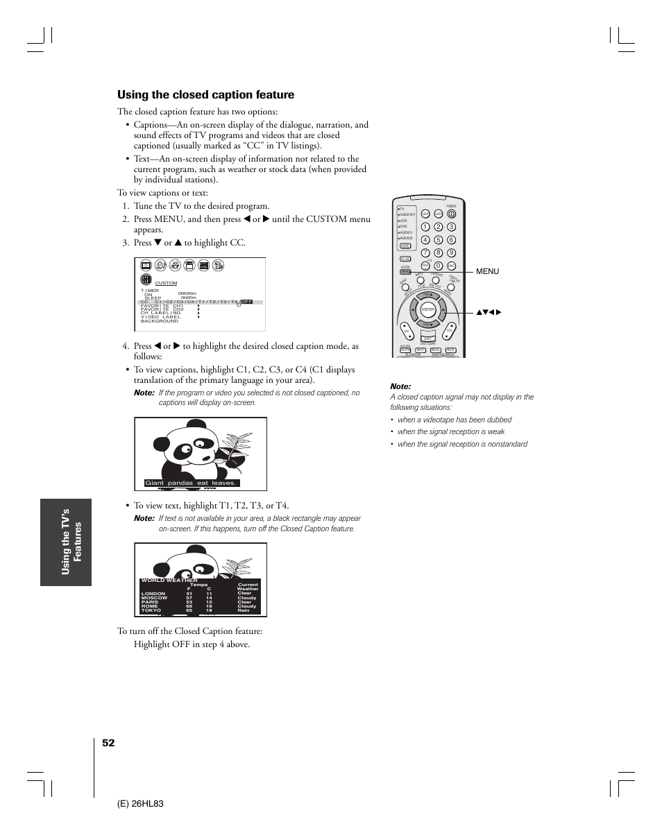 Using the closed caption feature, Using the t v’s f eatur es, E) 26hl83 | Toshiba 26HL83 User Manual | Page 52 / 66