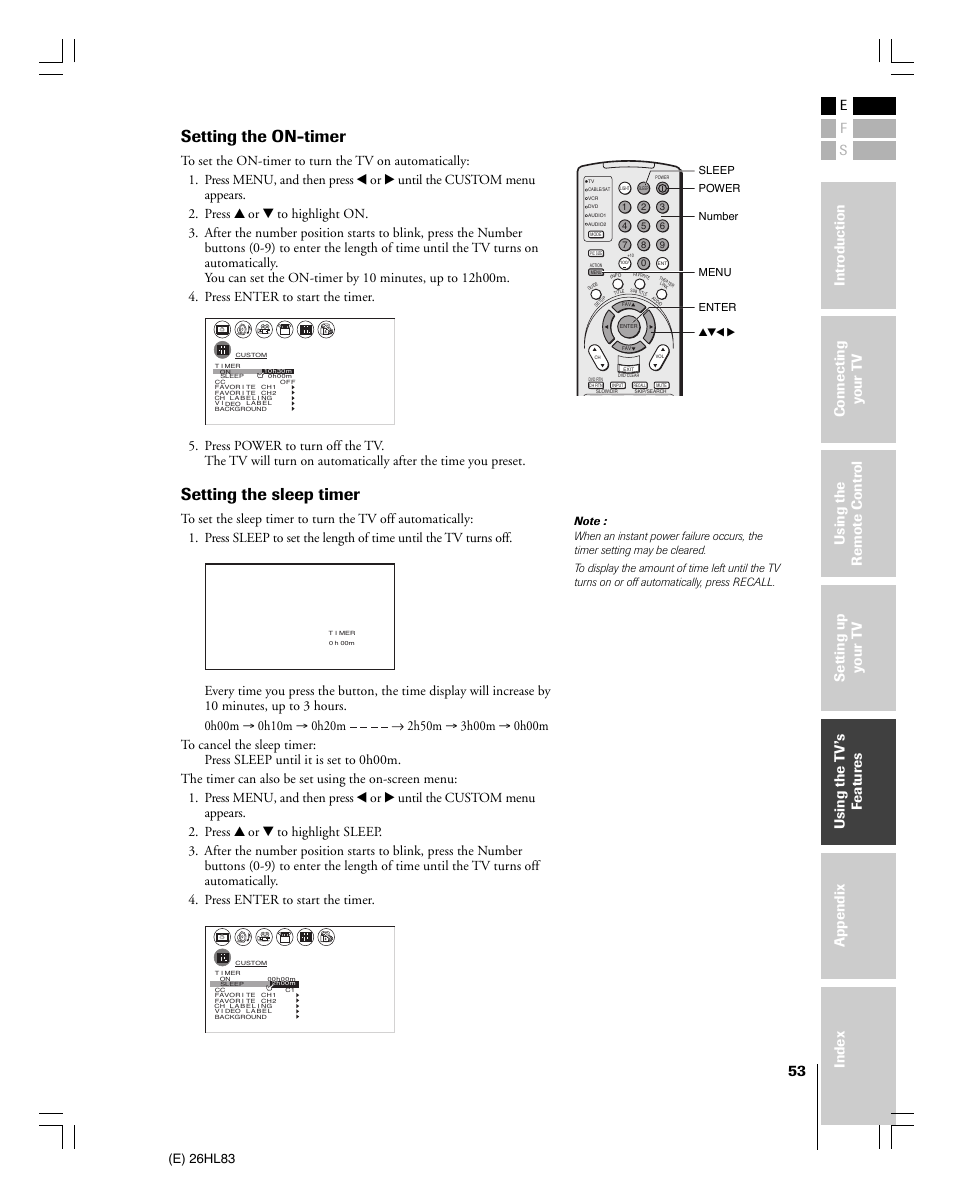 Setting the on-timer, Setting the sleep timer, E) 26hl83 | Toshiba 26HL83 User Manual | Page 53 / 66