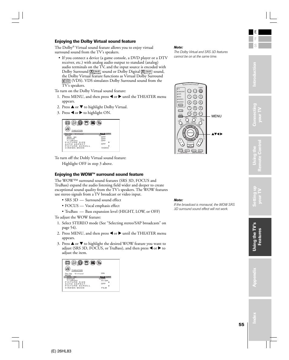 Enjoying the dolby virtual sound feature, Enjoying the wow™ surround sound feature, E) 26hl83 | The dolby | Toshiba 26HL83 User Manual | Page 55 / 66