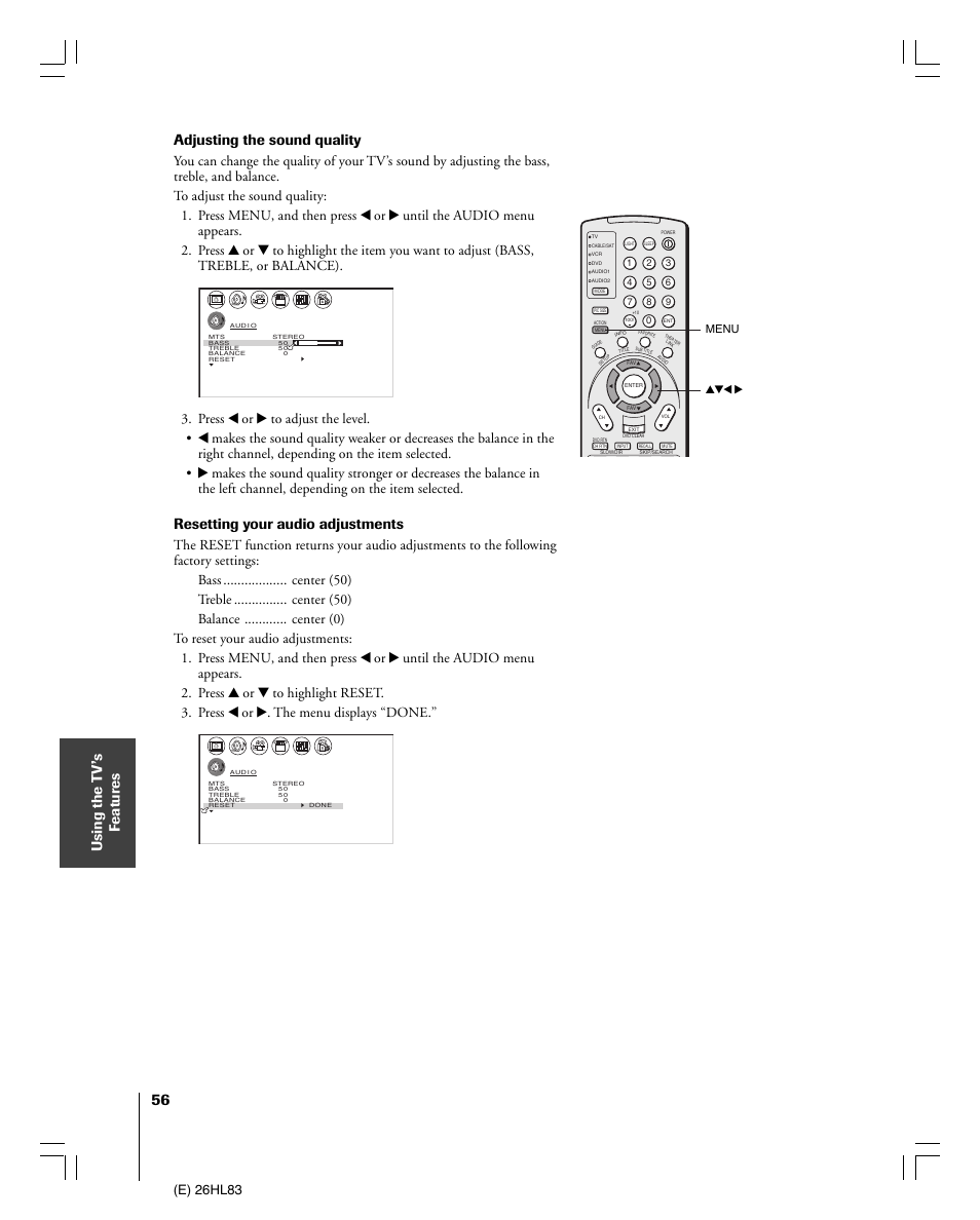 Resetting your audio adjustments, E) 26hl83, Yzx • menu | Toshiba 26HL83 User Manual | Page 56 / 66