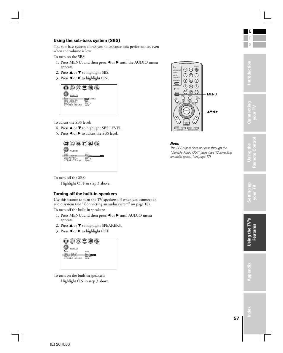 Using the sub-bass system (sbs), Turning off the built-in speakers, E) 26hl83 | Toshiba 26HL83 User Manual | Page 57 / 66