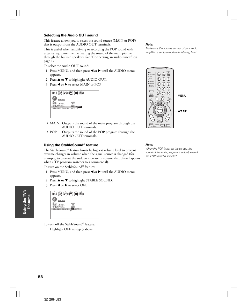 Using the t v’s f eatur es, Selecting the audio out sound, Using the stablesound | Feature, E) 26hl83, The stablesound, Feature: highlight off in step 3 above, Yzx • menu | Toshiba 26HL83 User Manual | Page 58 / 66