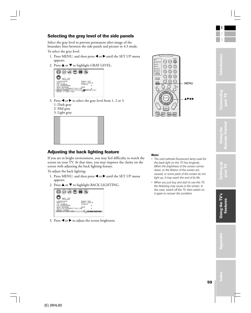 Selecting the gray level of the side panels, Adjusting the back lighting feature, E) 26hl83 | Press x or • to adjust the screen brightness | Toshiba 26HL83 User Manual | Page 59 / 66