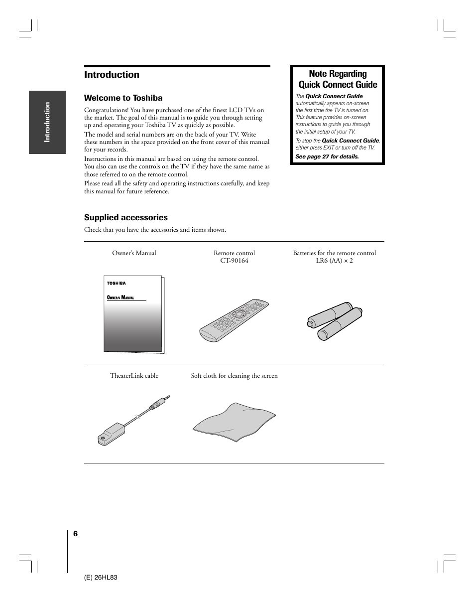 Introduction | Toshiba 26HL83 User Manual | Page 6 / 66