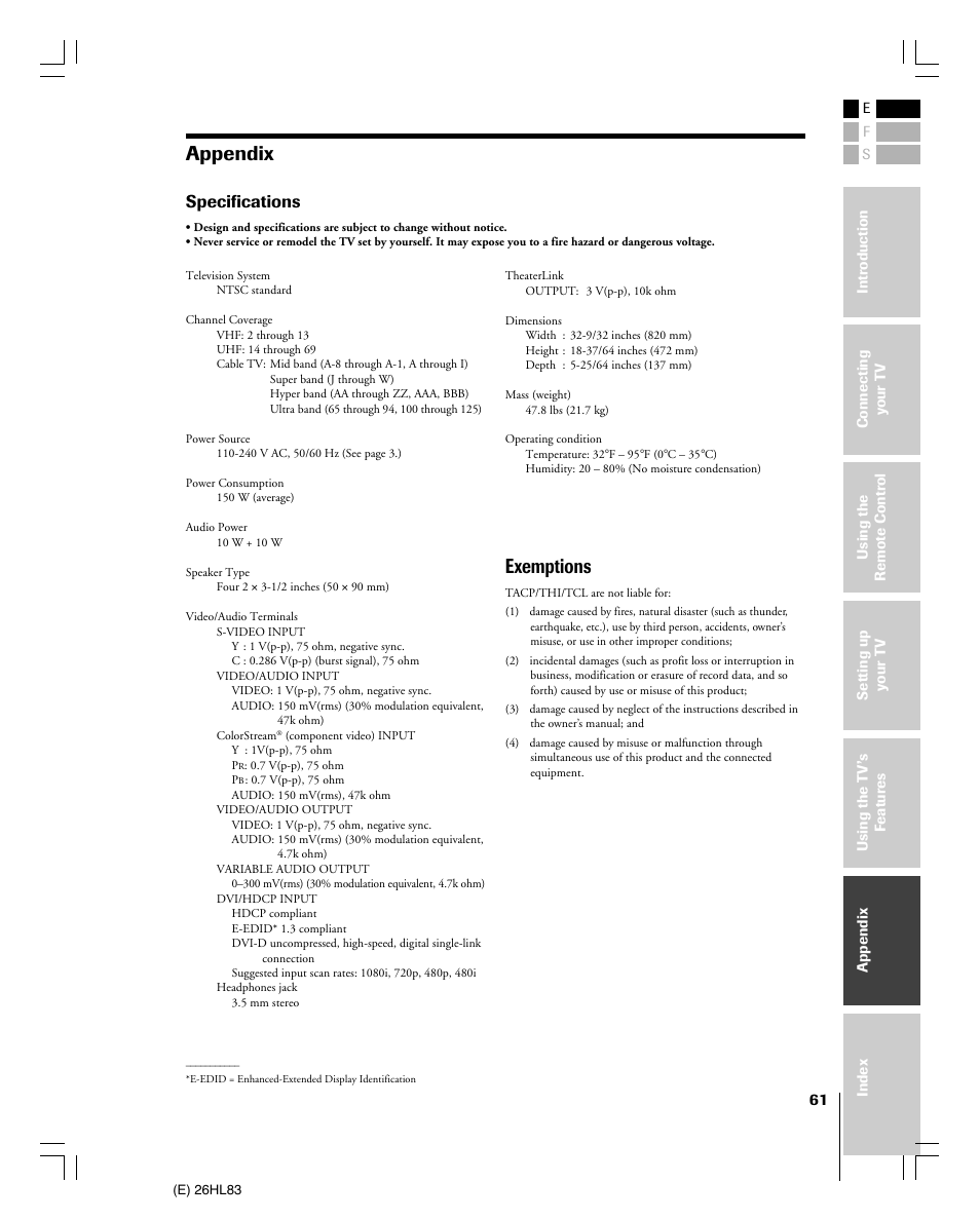 Appendix, Exemptions, Specifications | Toshiba 26HL83 User Manual | Page 61 / 66