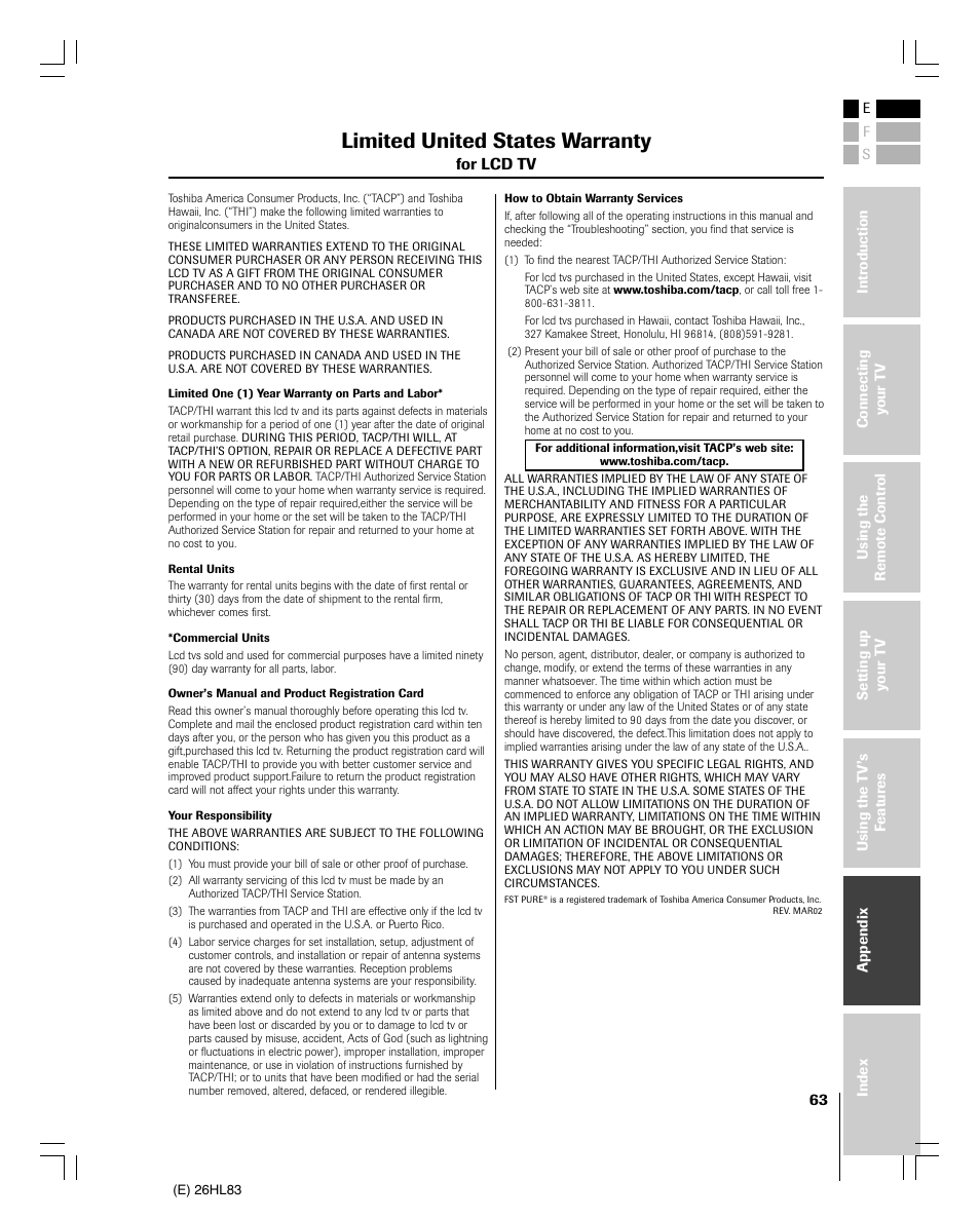 Limited united states warranty | Toshiba 26HL83 User Manual | Page 63 / 66