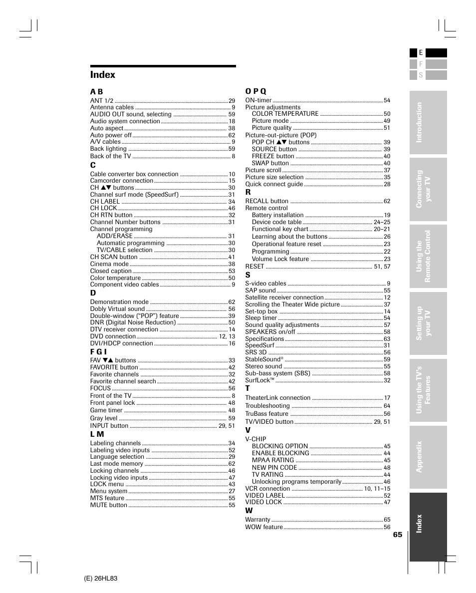 Index | Toshiba 26HL83 User Manual | Page 65 / 66