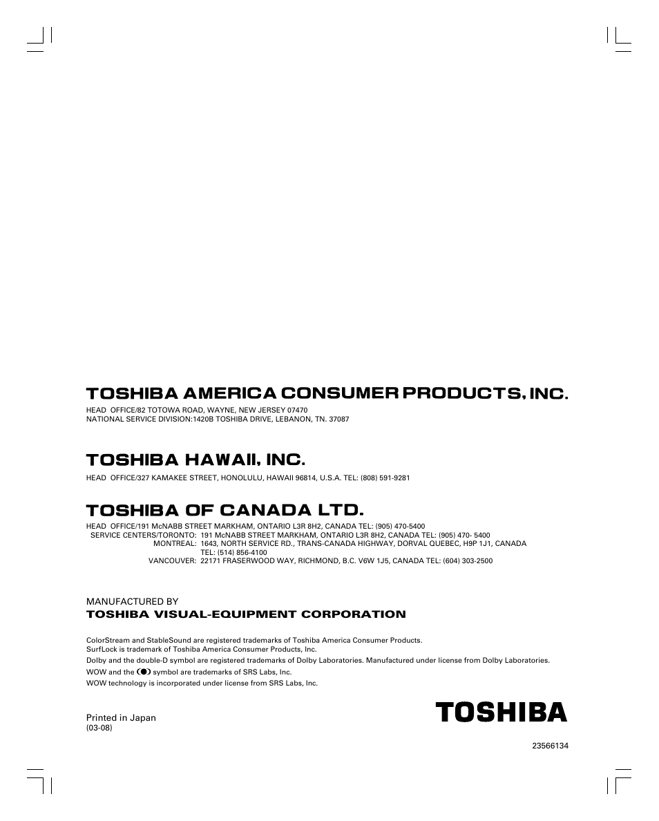 Toshiba 26HL83 User Manual | Page 66 / 66